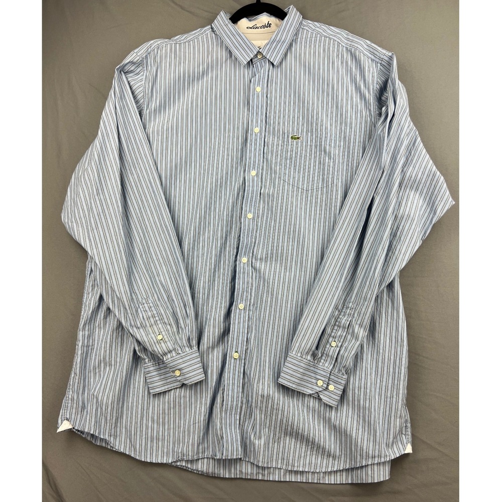 Vintage Lacoste Button Down Shirt Men 2XL*Tall Striped Long Sleeve Blue Grey Exc